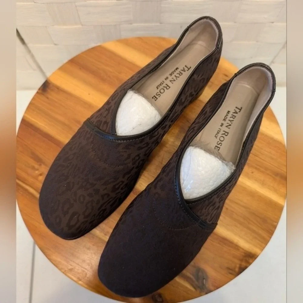 Taryn Rose‎ Brown Leopard Print Jacquard Low Wedge Shoes Made in Italy EU 36.5